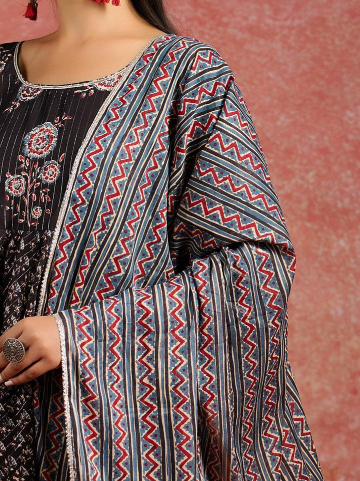 Black Self Design Cotton Anarkali Kurta With Palazzos & Dupatta - ShopLibas