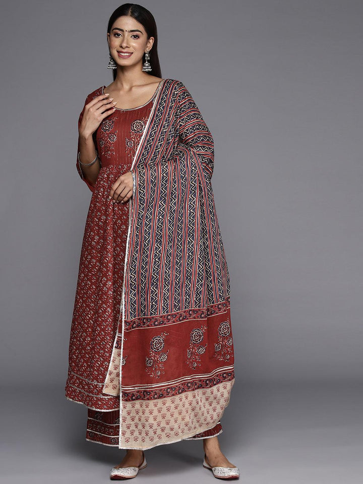Maroon Printed Cotton Anarkali Suit With Dupatta