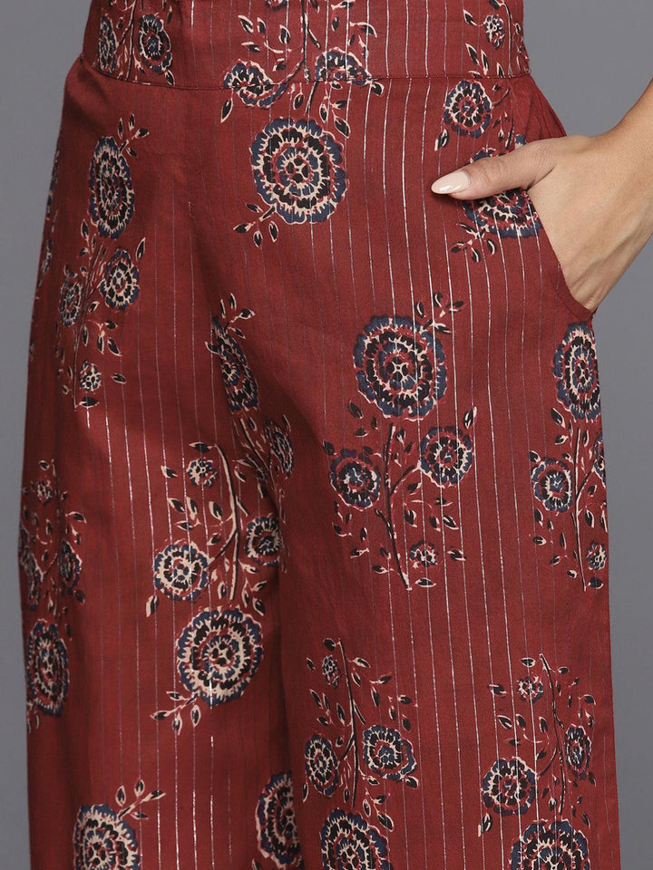 Maroon Printed Cotton Anarkali Suit With Dupatta
