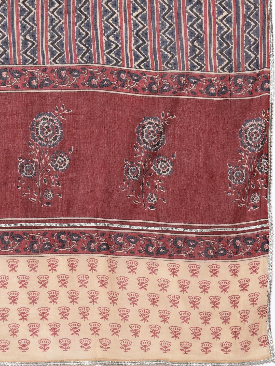 Maroon Printed Cotton Anarkali Kurta With Trousers & Dupatta - ShopLibas 