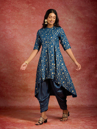Blue Printed Rayon A-Line Kurta With Dhoti Pants - ShopLibas