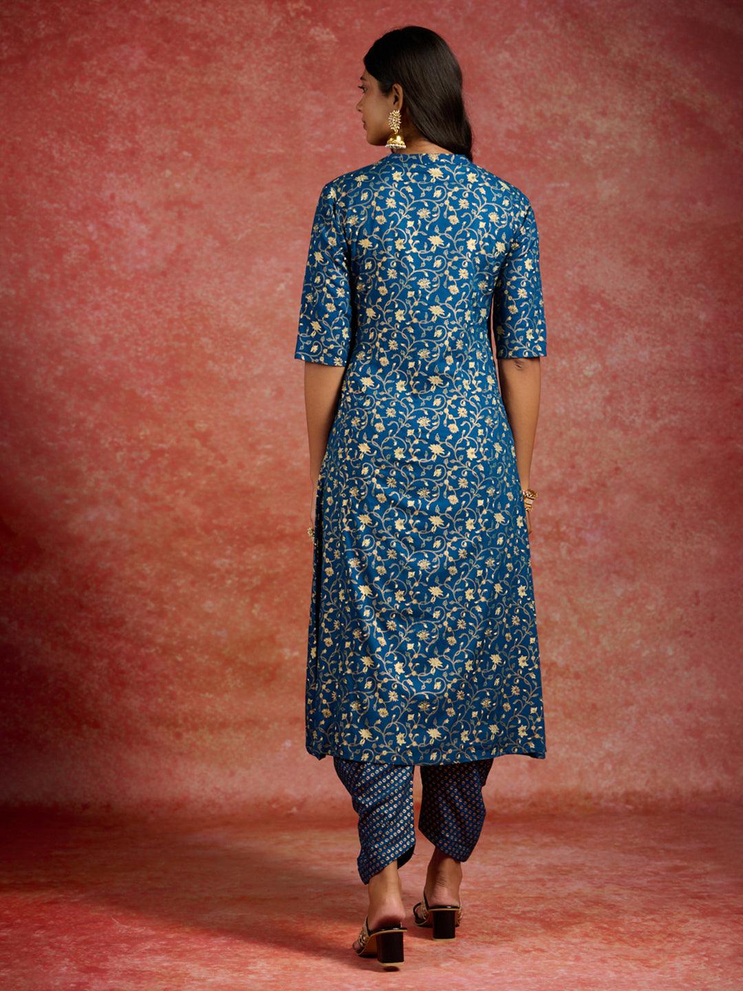 Blue Printed Rayon A-Line Kurta With Dhoti Pants - ShopLibas 