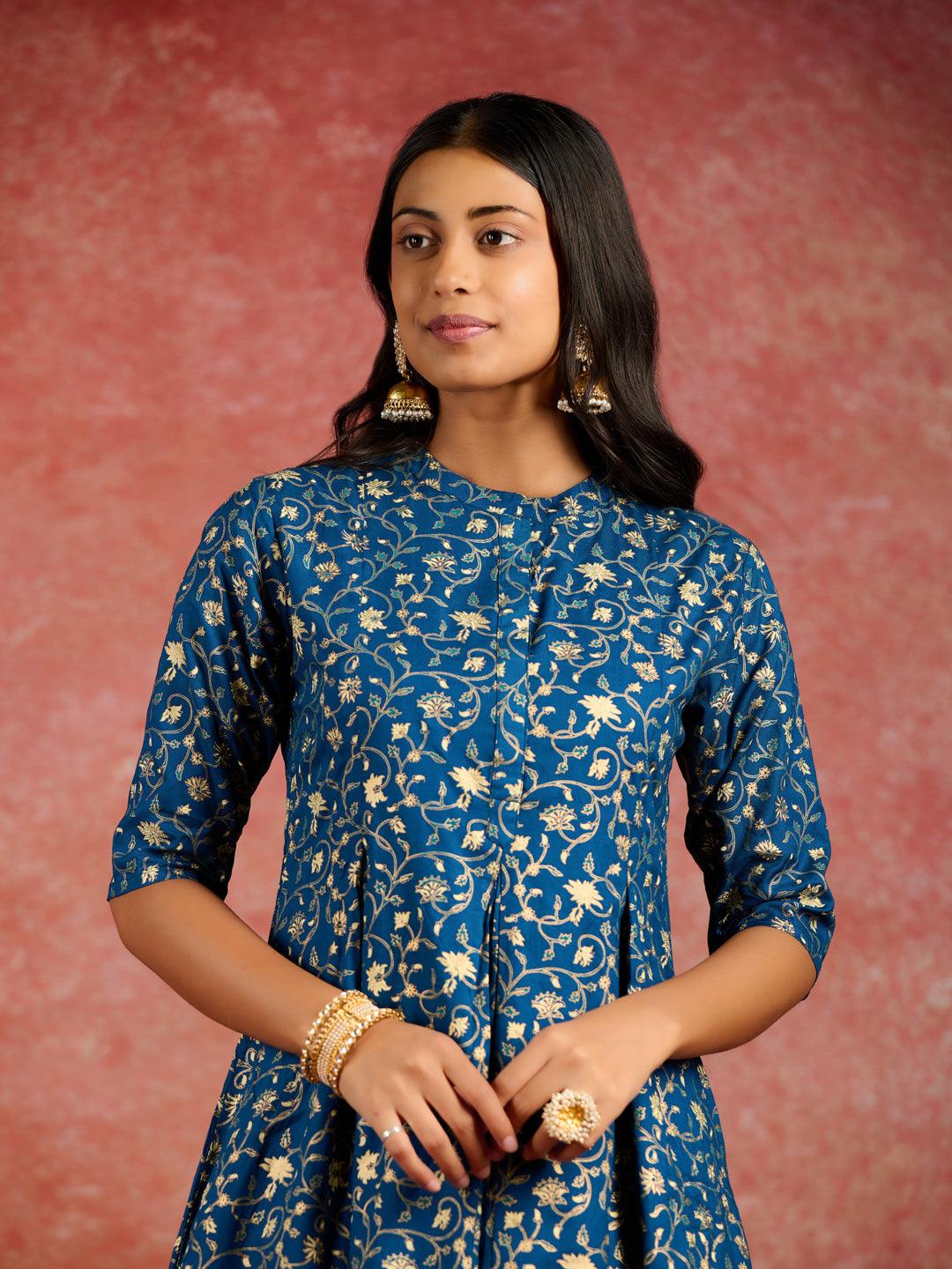 Blue Printed Rayon A-Line Kurta With Dhoti Pants - ShopLibas 