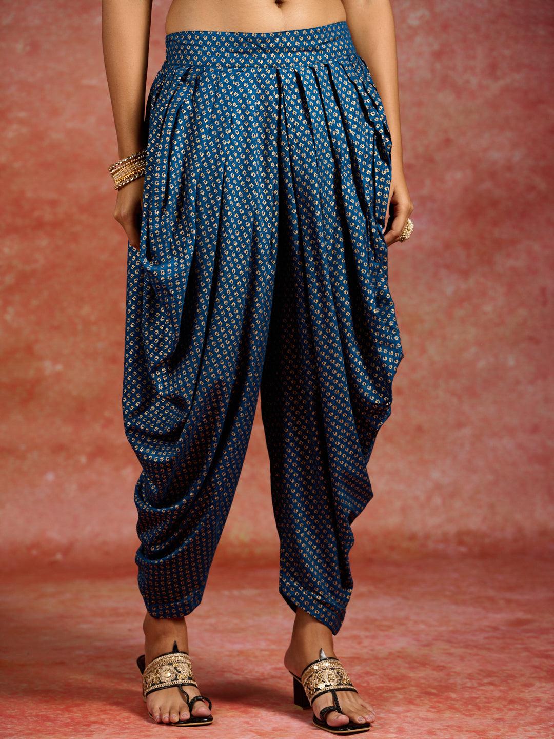 Blue Printed Rayon A-Line Kurta With Dhoti Pants - ShopLibas 