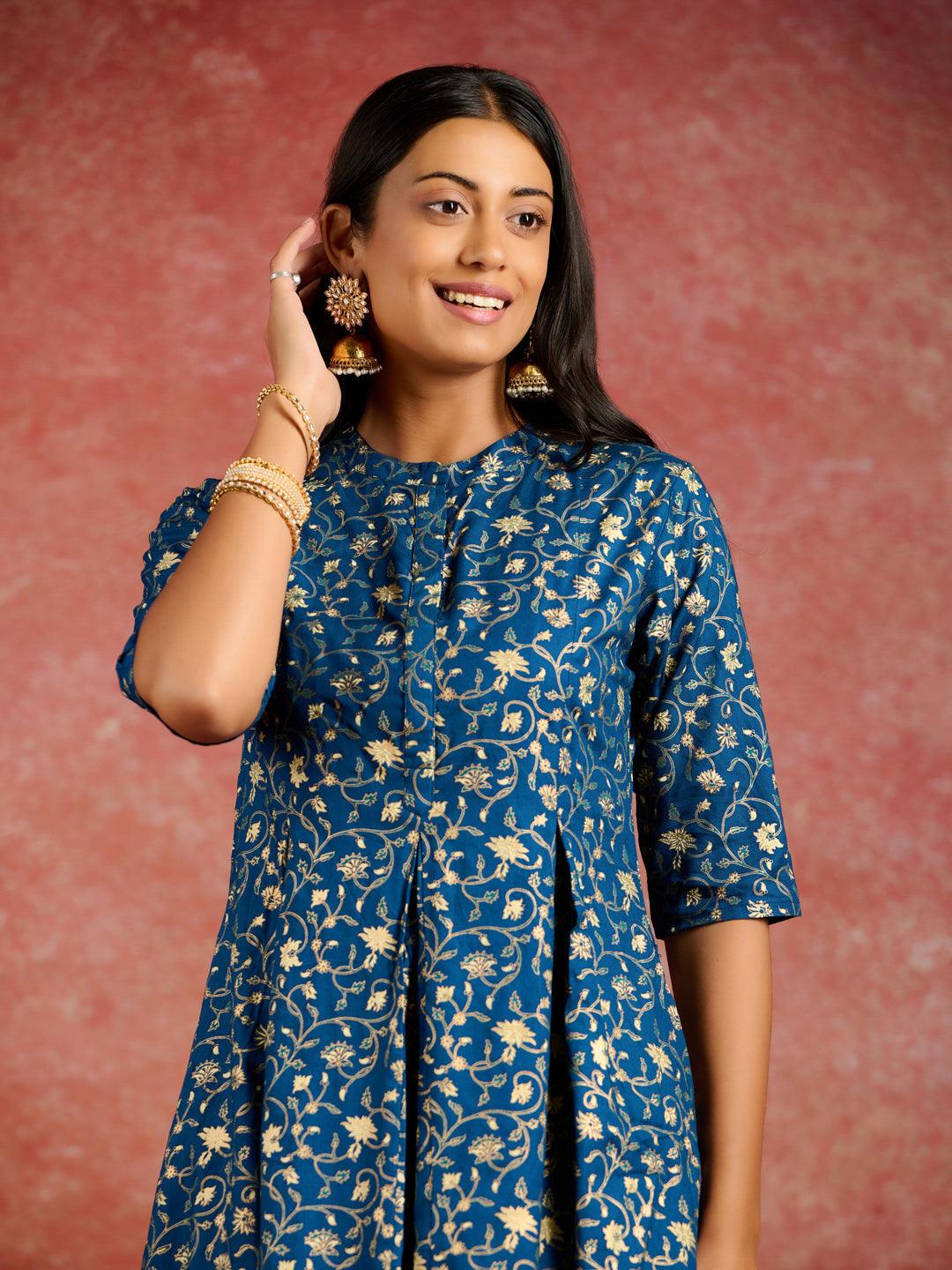 Blue Printed Rayon A-Line Kurta With Dhoti Pants - ShopLibas 