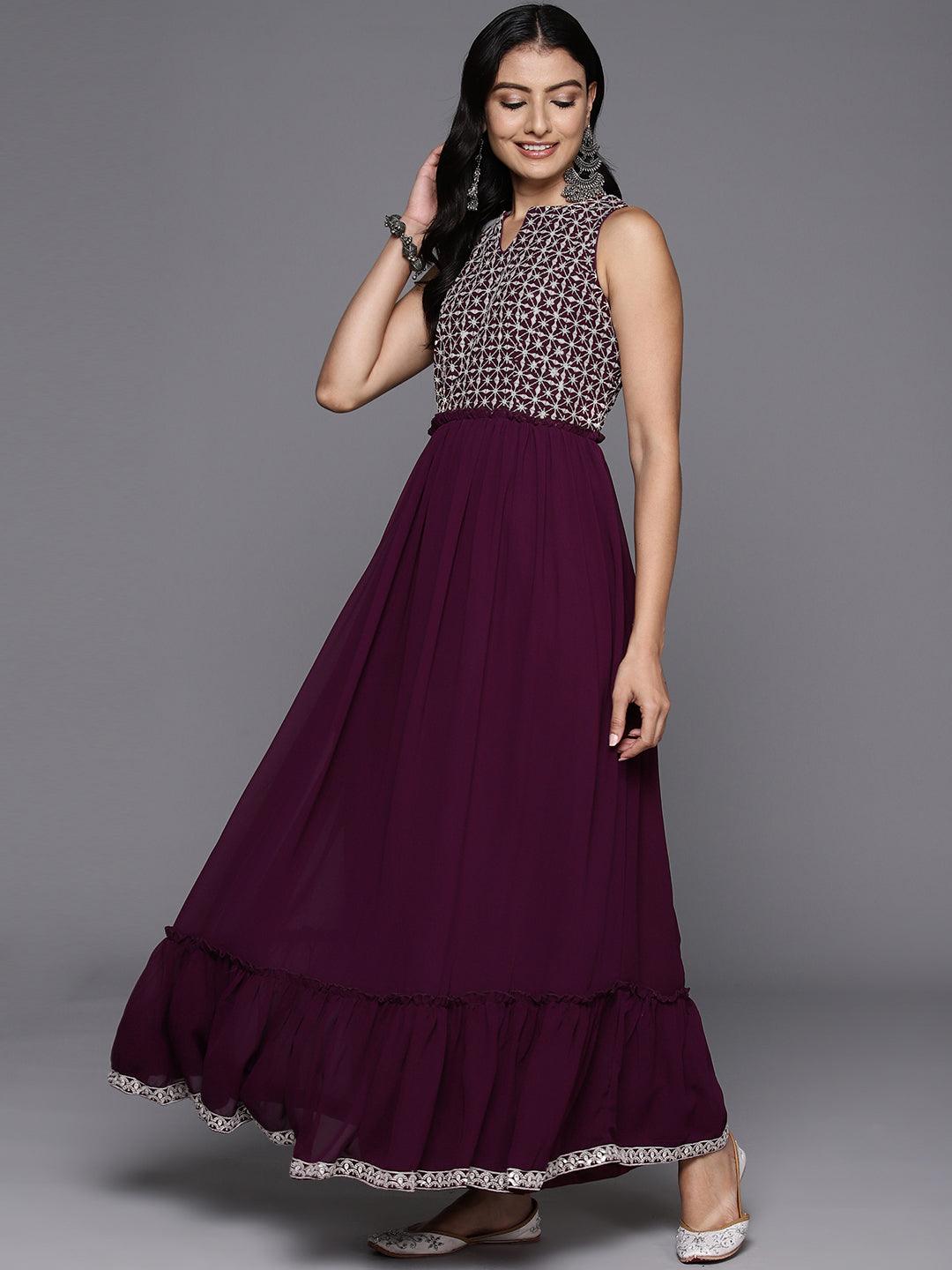 Wine Embroidered Georgette Anarkali Kurta With Trousers & Dupatta - ShopLibas
