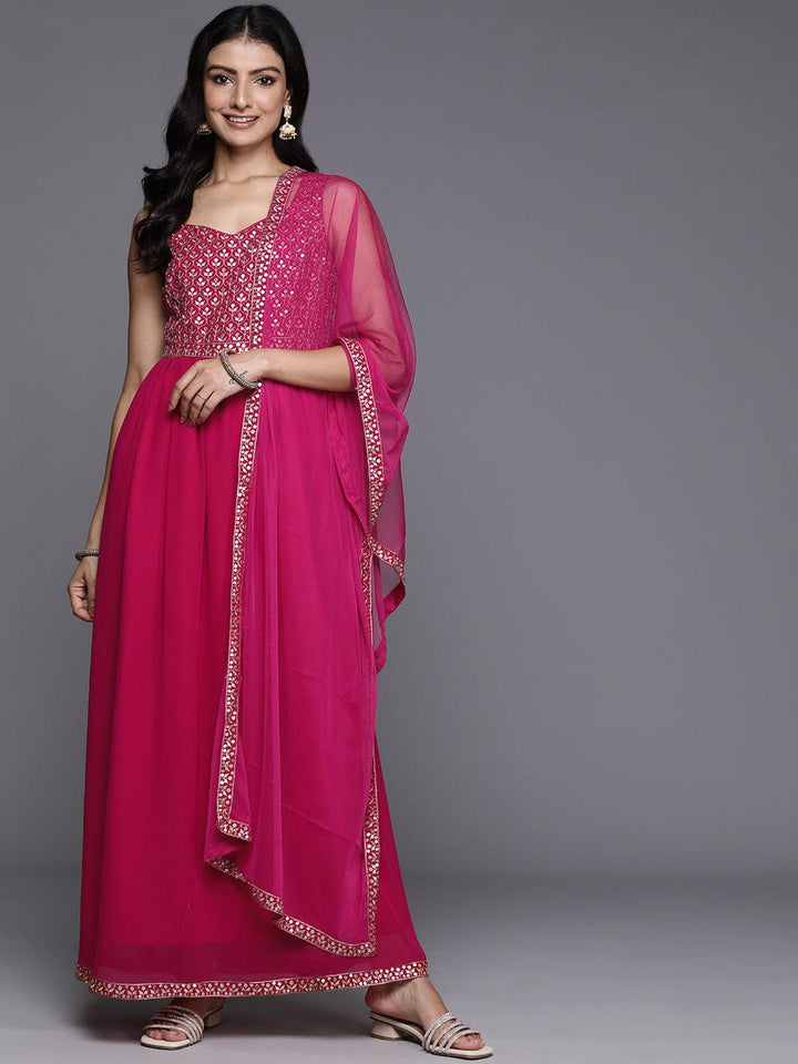 Pink Embroidered Georgette Anarkali Kurta With Trousers & Dupatta - ShopLibas