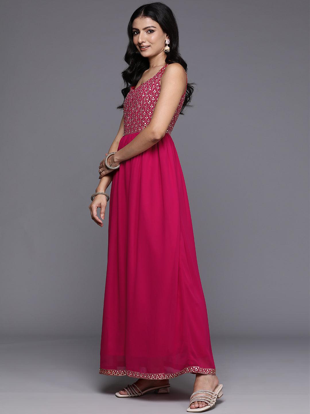 Pink Embroidered Georgette Anarkali Kurta With Trousers & Dupatta - ShopLibas