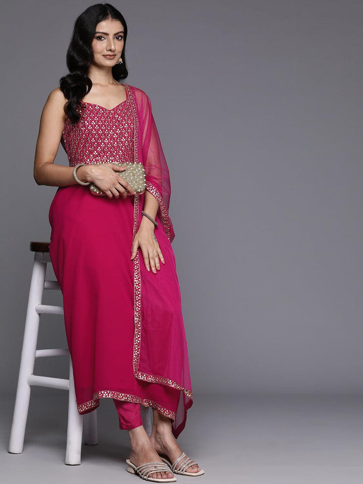 Pink Embroidered Georgette Anarkali Kurta With Trousers & Dupatta - ShopLibas