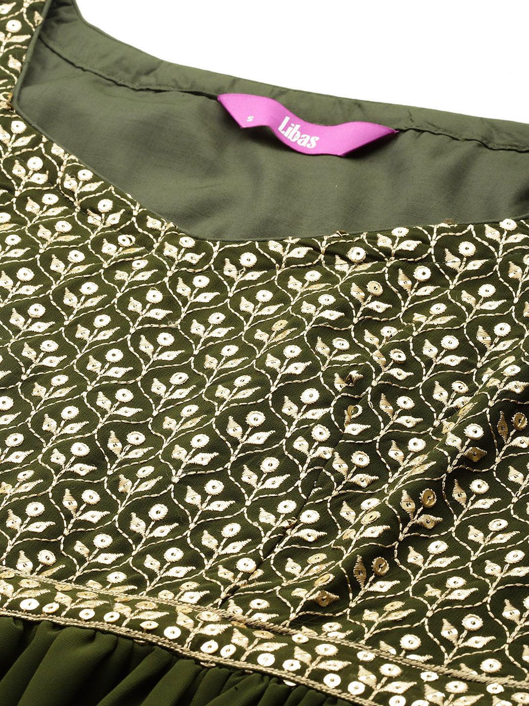 Olive Embroidered Georgette Anarkali Kurta With Trousers & Dupatta - ShopLibas