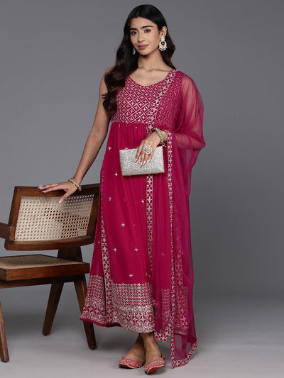 Pink Embroidered Georgette A-Line Kurta With Trousers & Dupatta - ShopLibas
