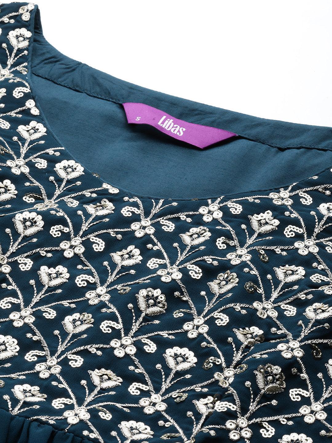 Teal Embroidered Georgette A-Line Kurta With Trousers & Dupatta - ShopLibas 
