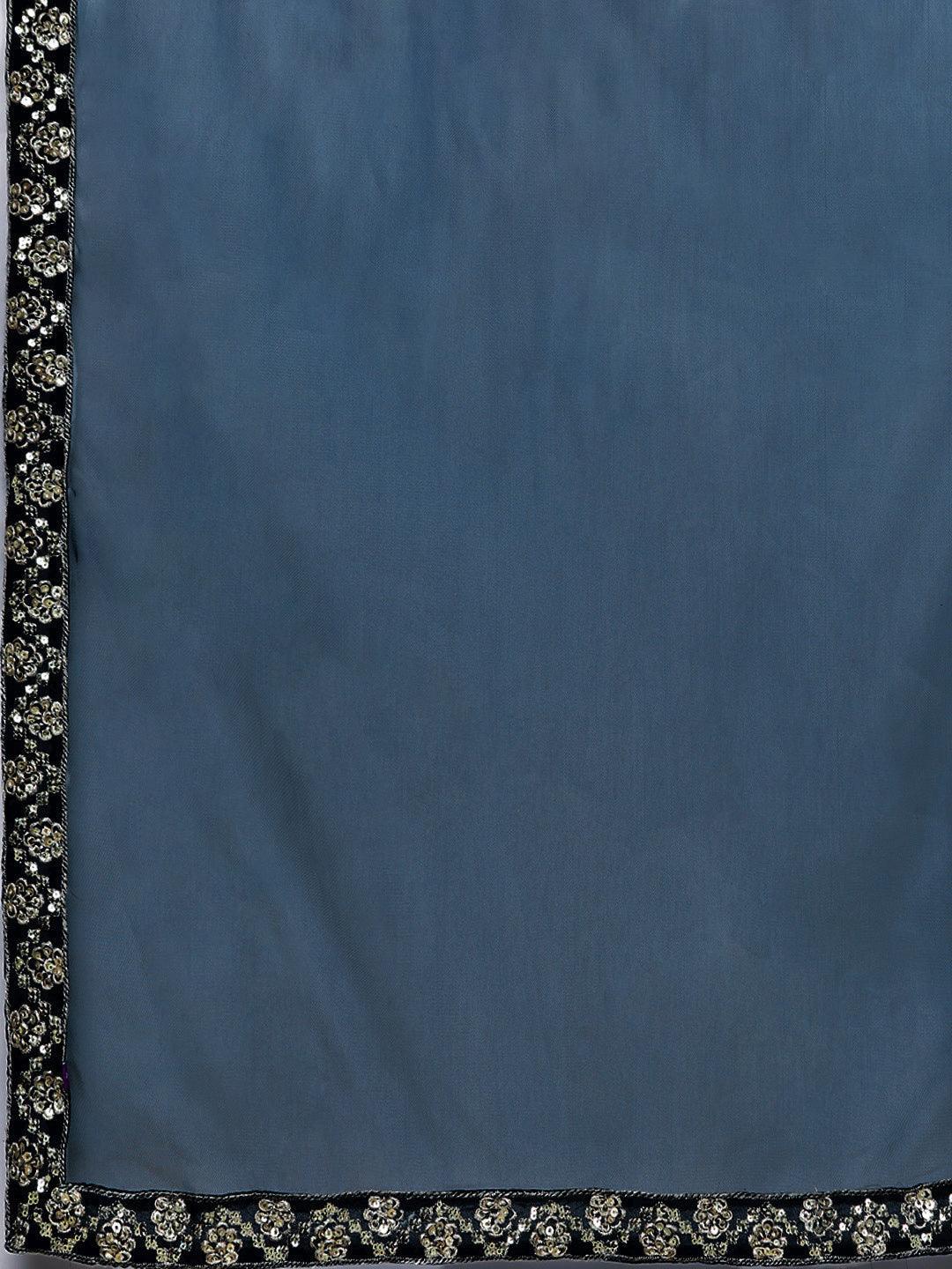 Teal Embroidered Georgette A-Line Kurta With Trousers & Dupatta - ShopLibas 