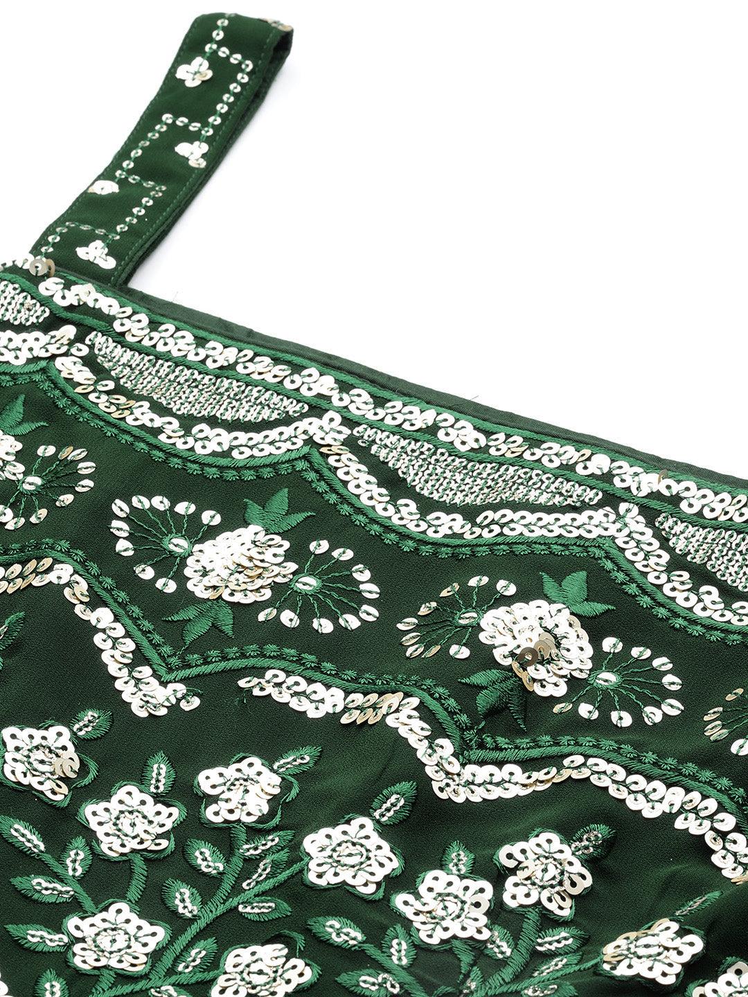 Green Embroidered Georgette A-Line Kurti With Palazzos & Dupatta - ShopLibas