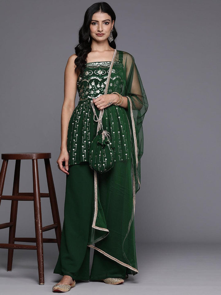 Green Embroidered Georgette A-Line Kurti With Palazzos & Dupatta - ShopLibas