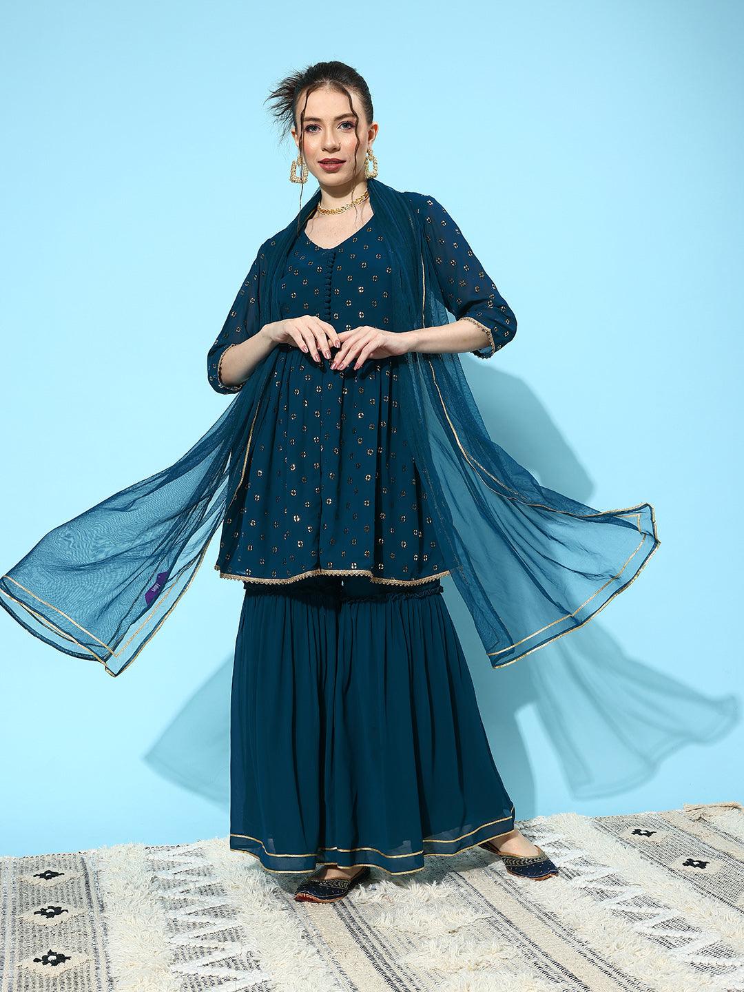 Blue Embroidered Georgette A-Line Kurti With Sharara & Dupatta - ShopLibas
