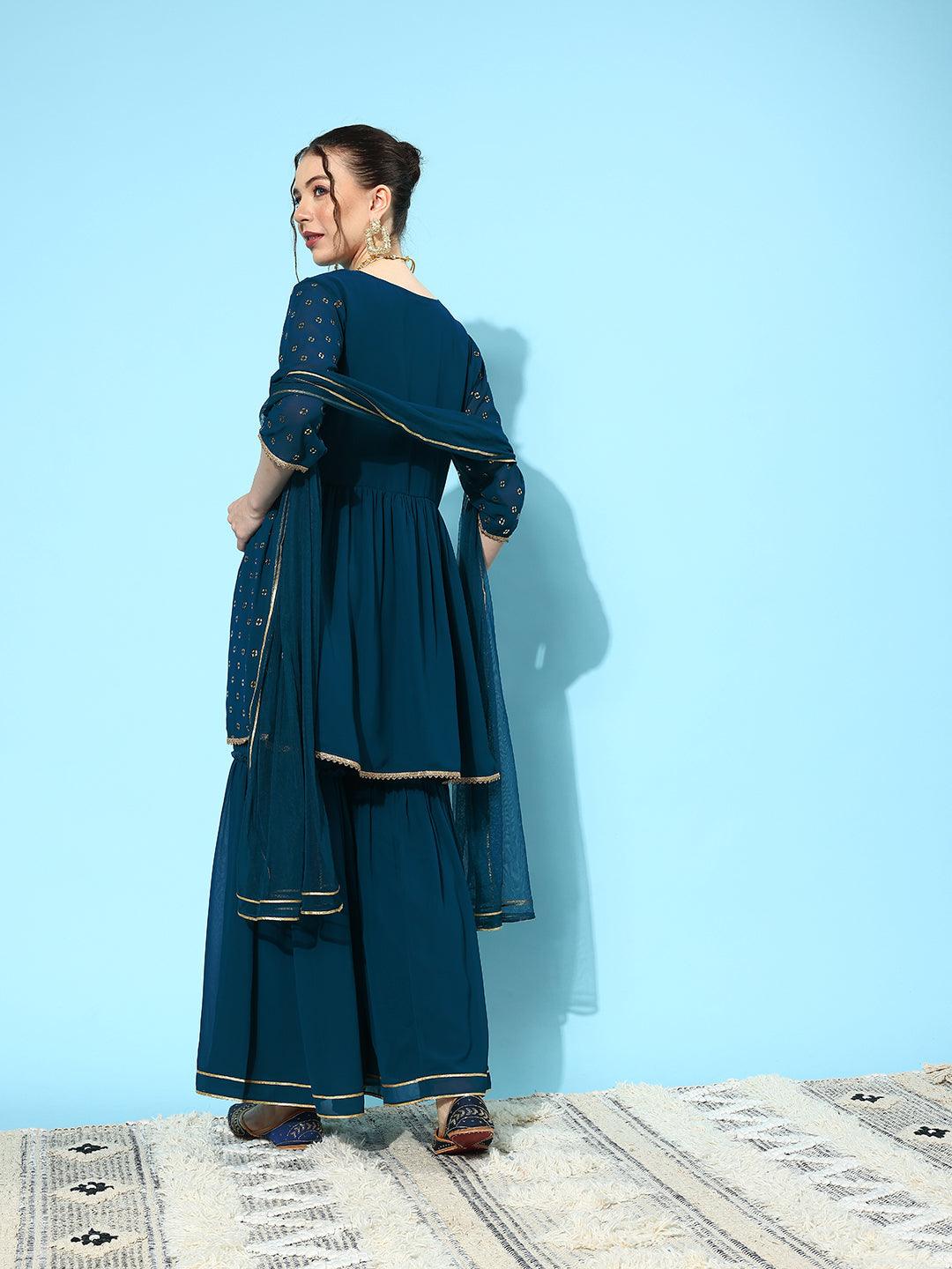 Blue Embroidered Georgette A-Line Kurti With Sharara & Dupatta - ShopLibas