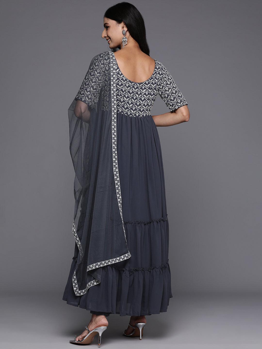 Grey Embroidered Georgette Anarkali Kurta With Trousers & Dupatta - ShopLibas