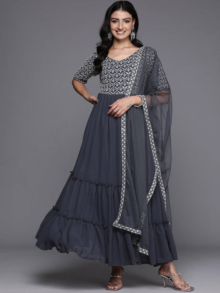 Grey Embroidered Georgette Anarkali Kurta With Trousers & Dupatta - ShopLibas