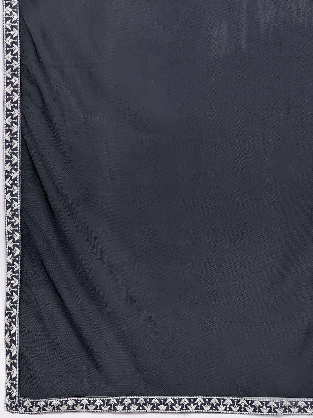 Grey Embroidered Georgette Anarkali Kurta With Trousers & Dupatta - ShopLibas