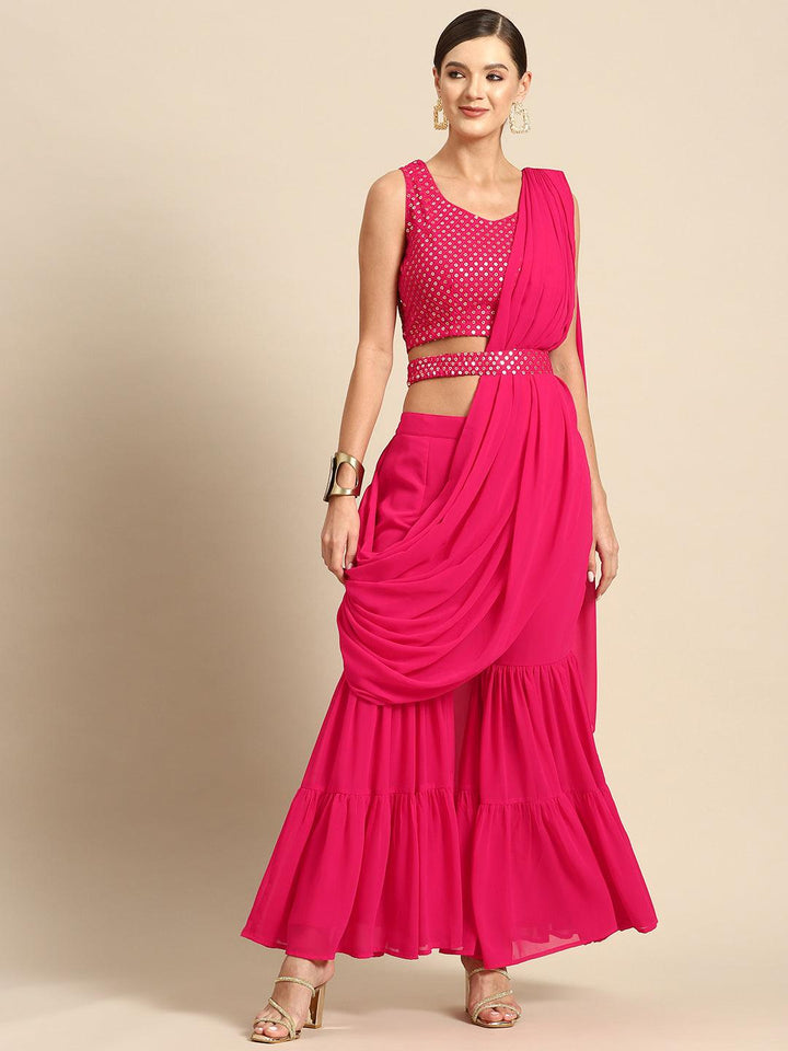 Pink Embellished Georgette Ready to Wear Saree - ShopLibas