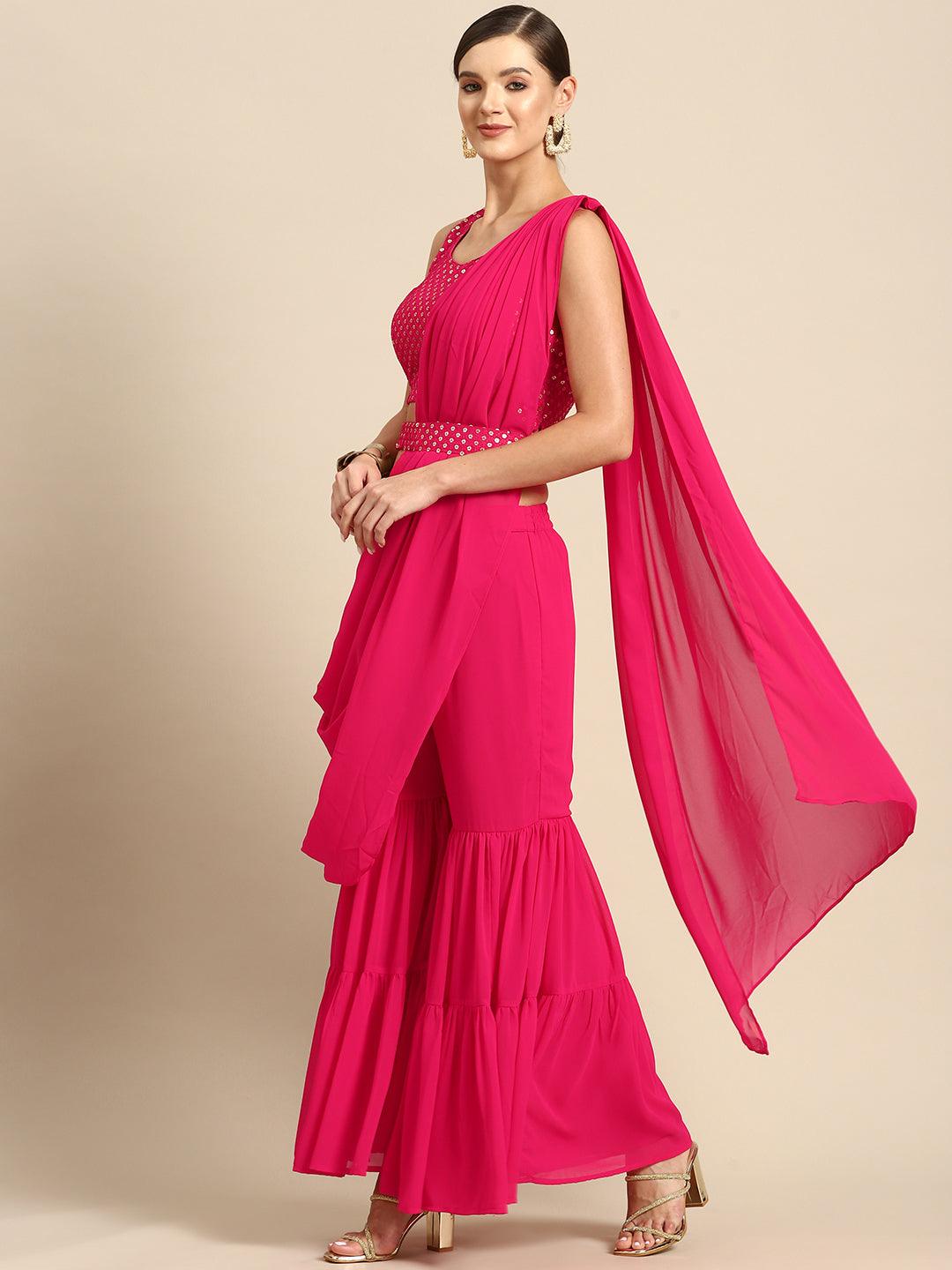 Pink Embellished Georgette Ready to Wear Saree - ShopLibas