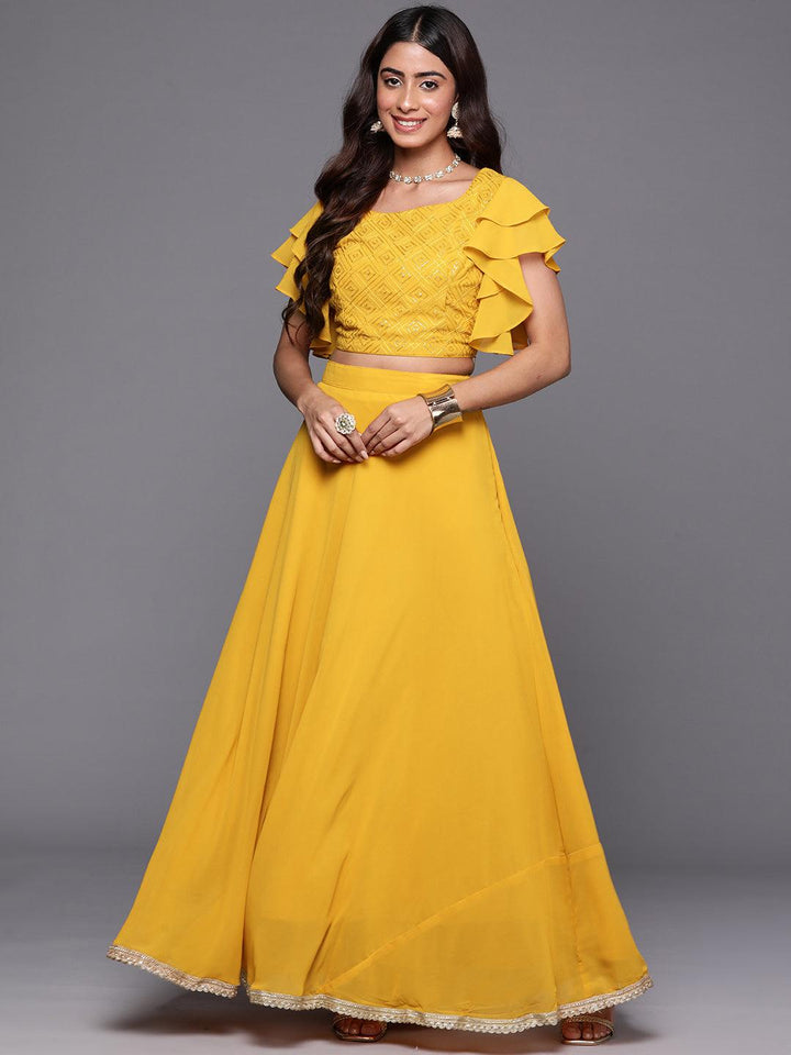 Mustard Embroidered Georgette Lehenga - ShopLibas