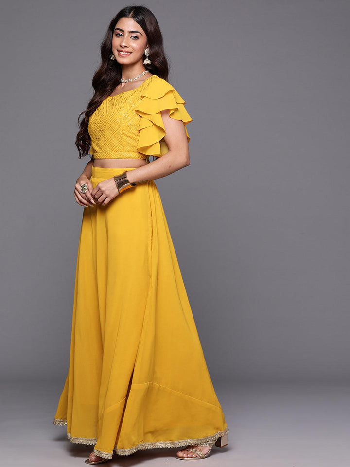 Mustard Embroidered Georgette Lehenga - ShopLibas