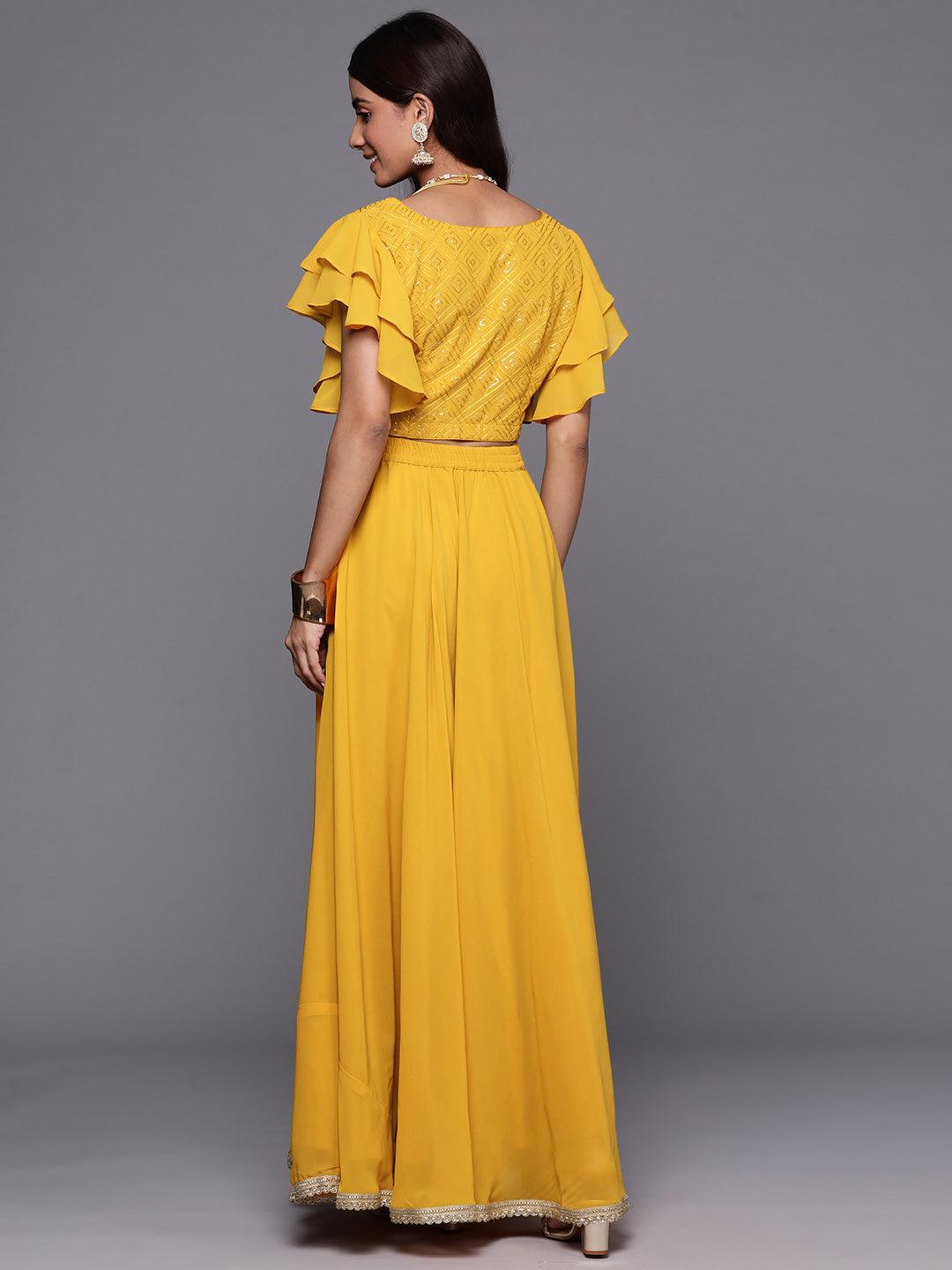 Mustard Embroidered Georgette Lehenga - ShopLibas