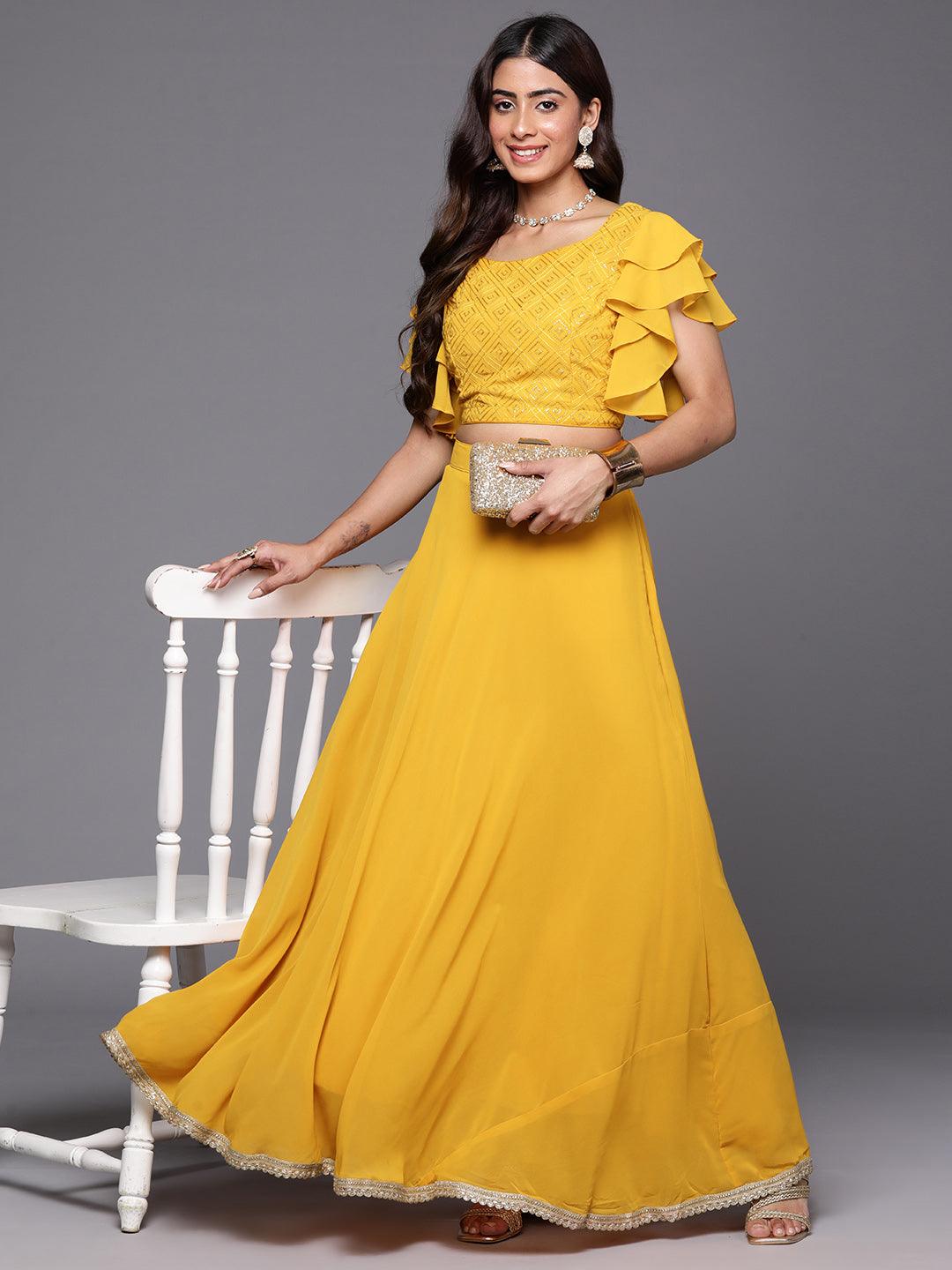 Mustard Embroidered Georgette Lehenga - ShopLibas