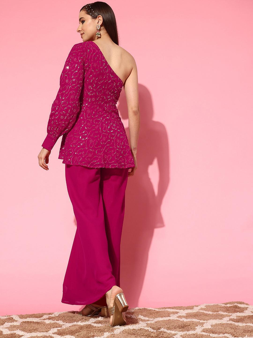 Pink Embellished Georgette Tunic With Palazzos - ShopLibas 