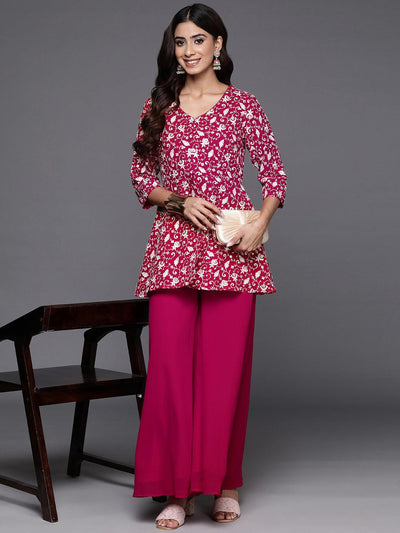 Pink Embellished Georgette Tunic With Palazzos - ShopLibas
