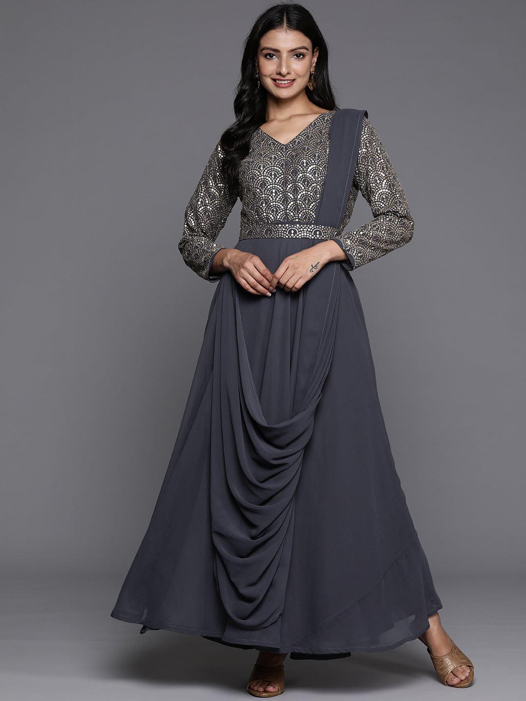grey embroidered dress Grey crpe dress with an embroidered bolero