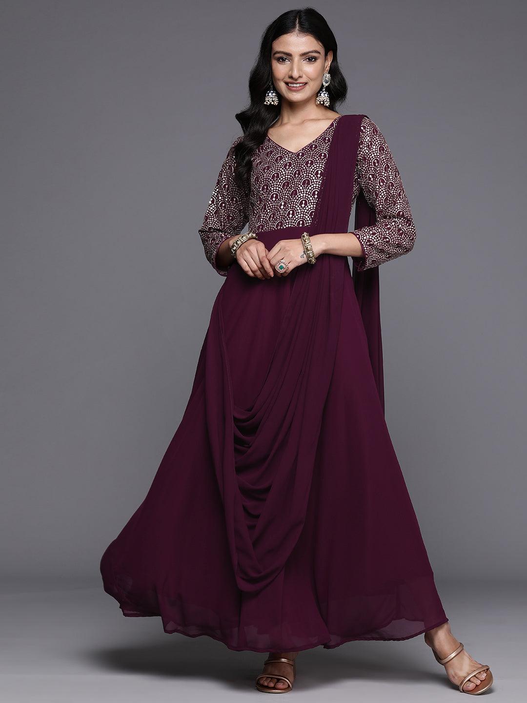 Wine Embroidered Georgette Gown Dress - ShopLibas