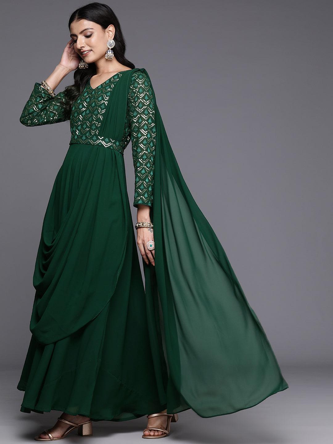Buy Green Embroidered Georgette Gown Dress Online in United States at $57.00 | Libas Buy Green Embroidered Georgette Gown Dress Online in United States at $57.00 | Libas