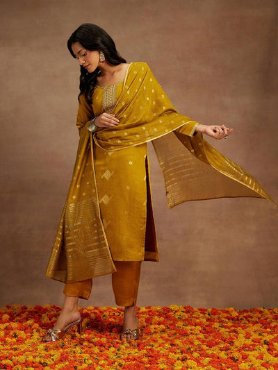 Mustard Woven Design Chanderi Silk Straight Kurta With Trousers & Dupatta - ShopLibas