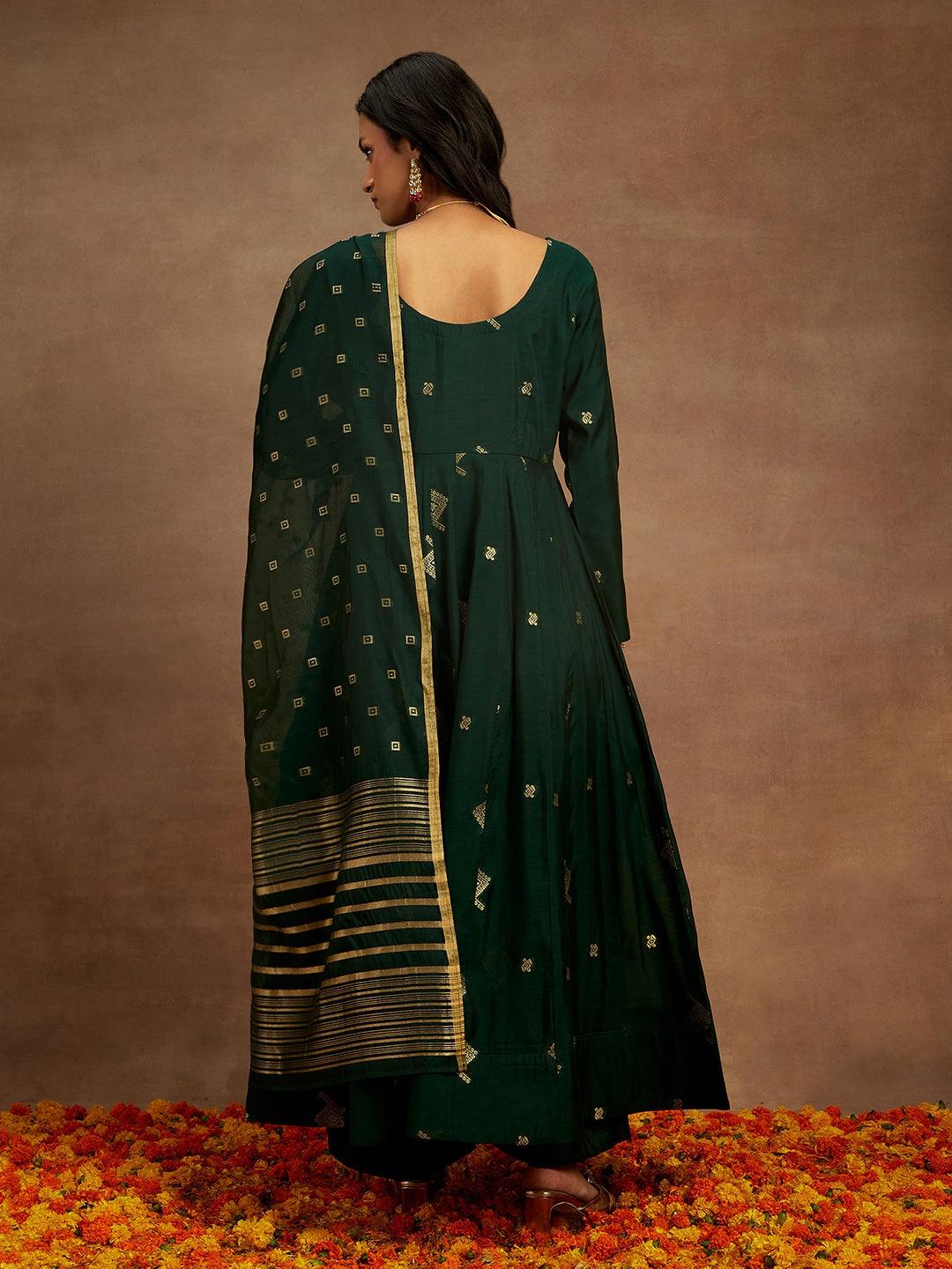 Green Woven Design Chanderi Silk Anarkali Kurta With Palazzos & Dupatta - ShopLibas
