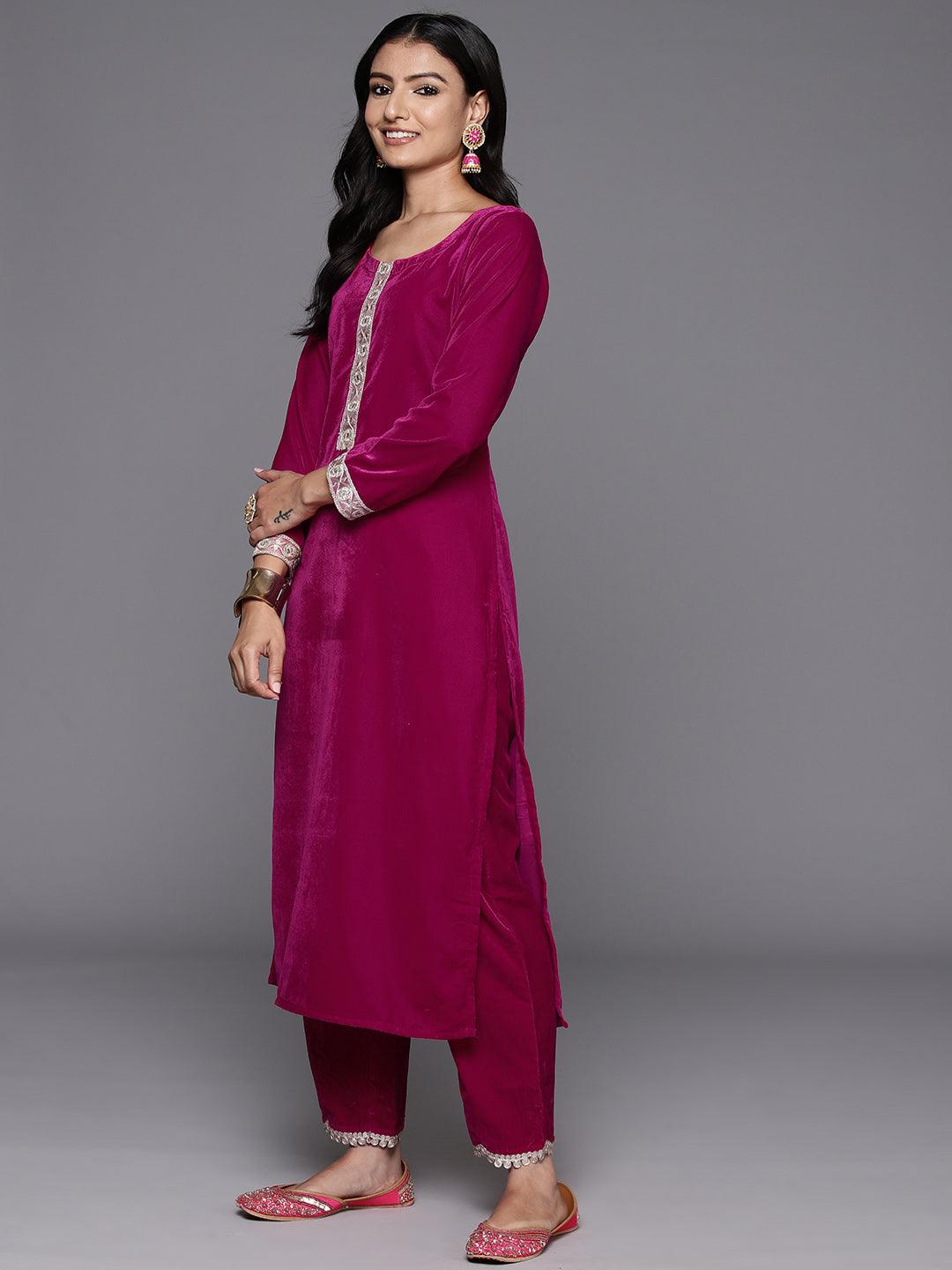 Pink Yoke Design Velvet Straight Kurta With Trousers & Dupatta - ShopLibas 
