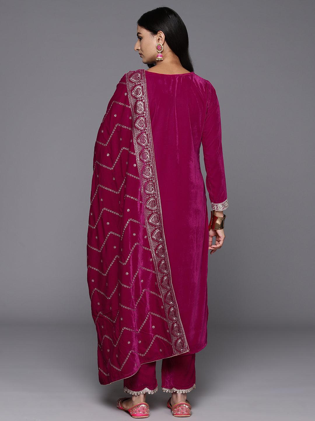 Pink Yoke Design Velvet Straight Kurta With Trousers & Dupatta - ShopLibas 