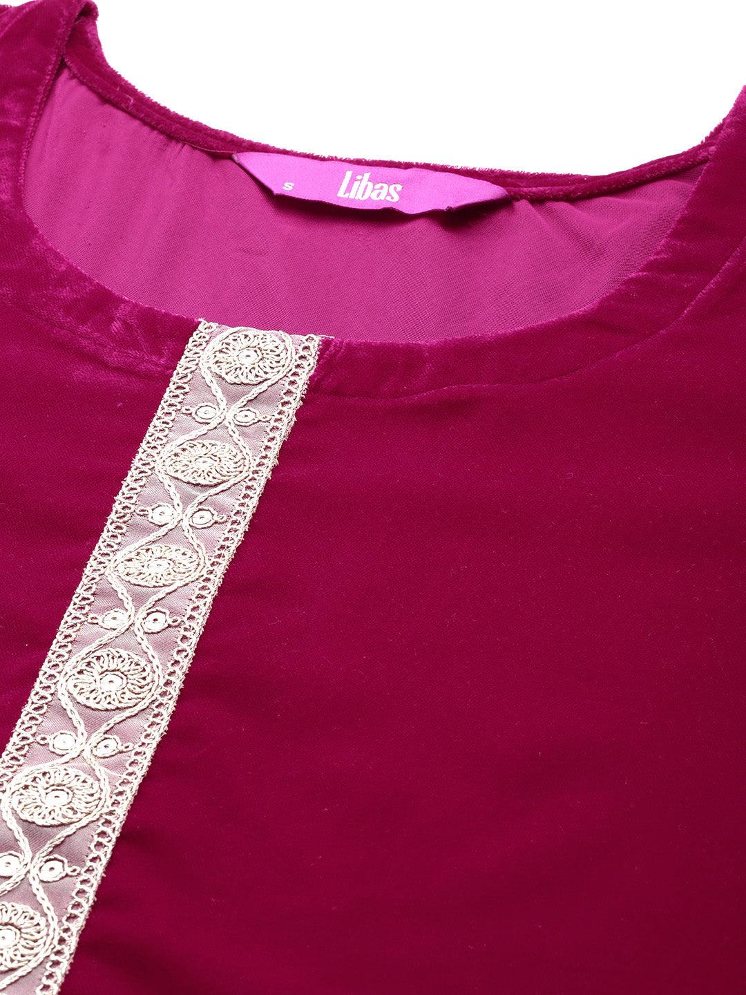 Pink Yoke Design Velvet Straight Kurta With Trousers & Dupatta - ShopLibas 