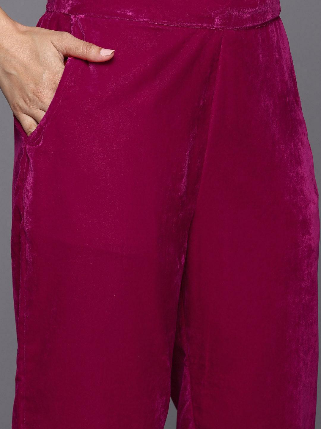 Pink Yoke Design Velvet Straight Kurta With Trousers & Dupatta - ShopLibas