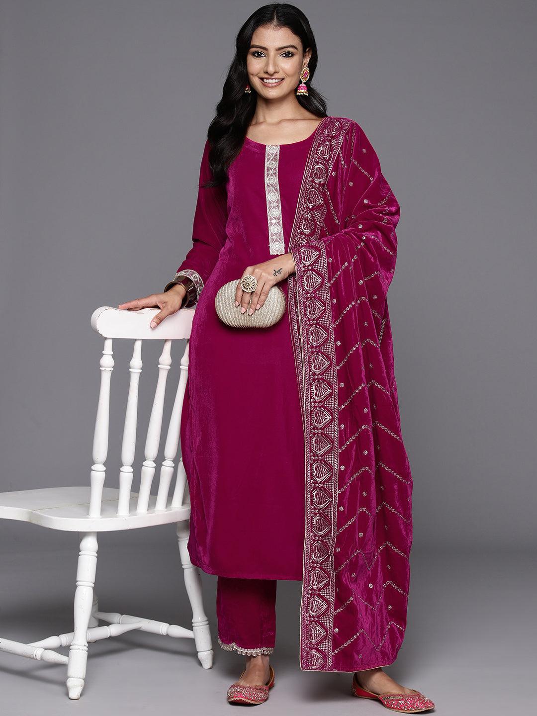 Pink Yoke Design Velvet Straight Kurta With Trousers & Dupatta - ShopLibas 