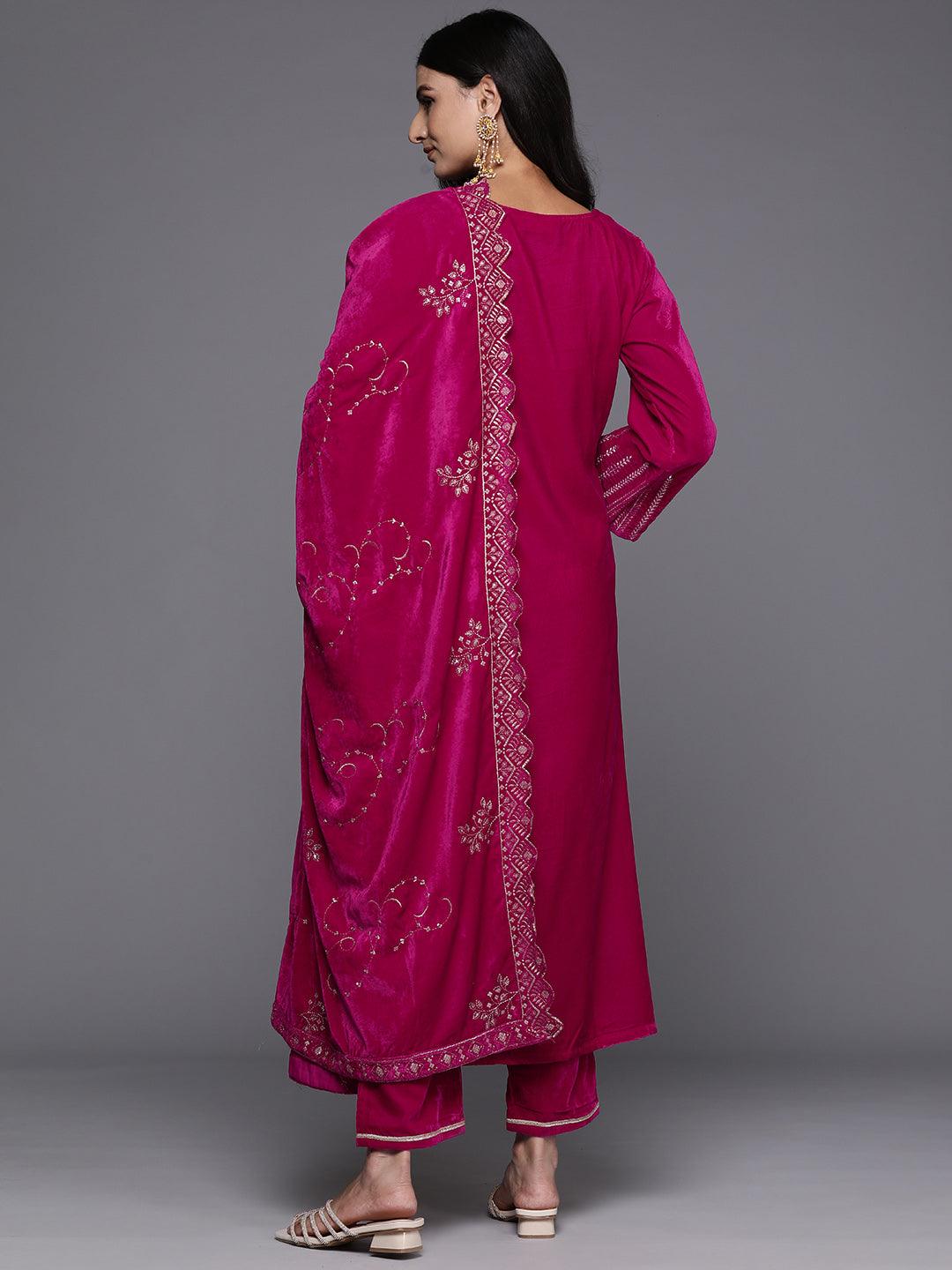 Pink Solid Velvet Straight Kurta With Trousers & Dupatta - ShopLibas