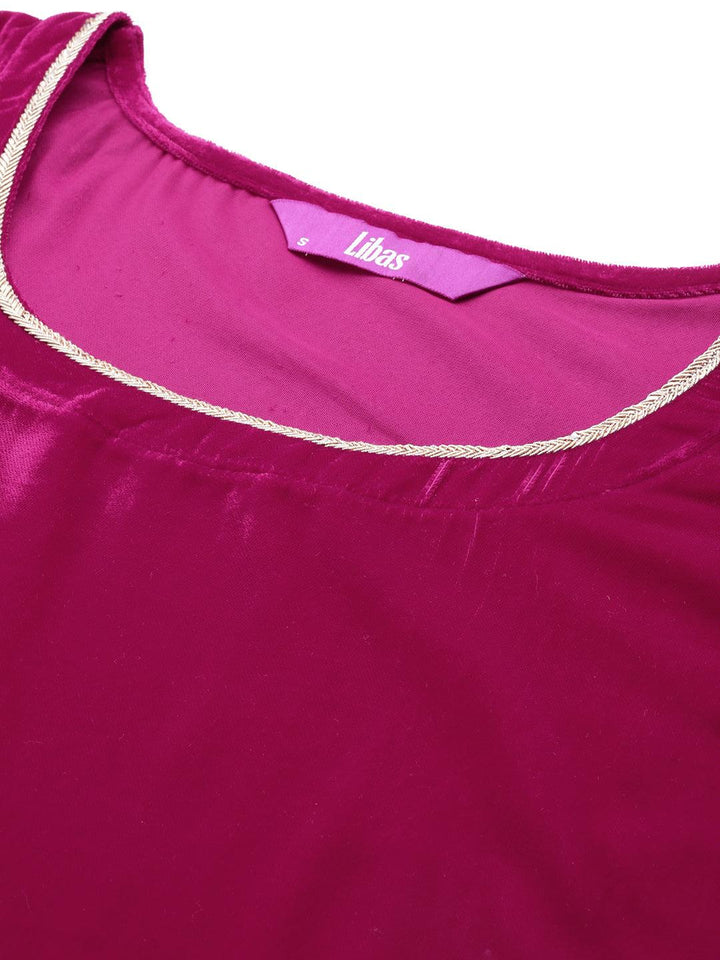 Pink Solid Velvet Straight Kurta With Trousers & Dupatta - ShopLibas