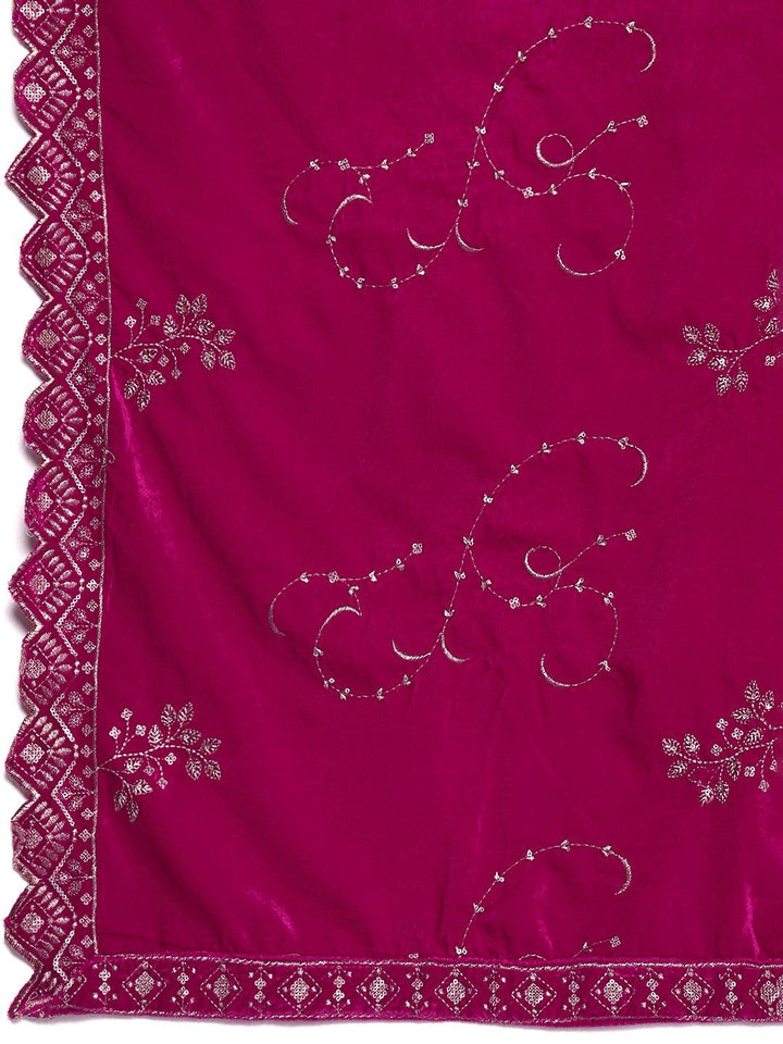 Pink Solid Velvet Straight Kurta With Trousers & Dupatta - ShopLibas