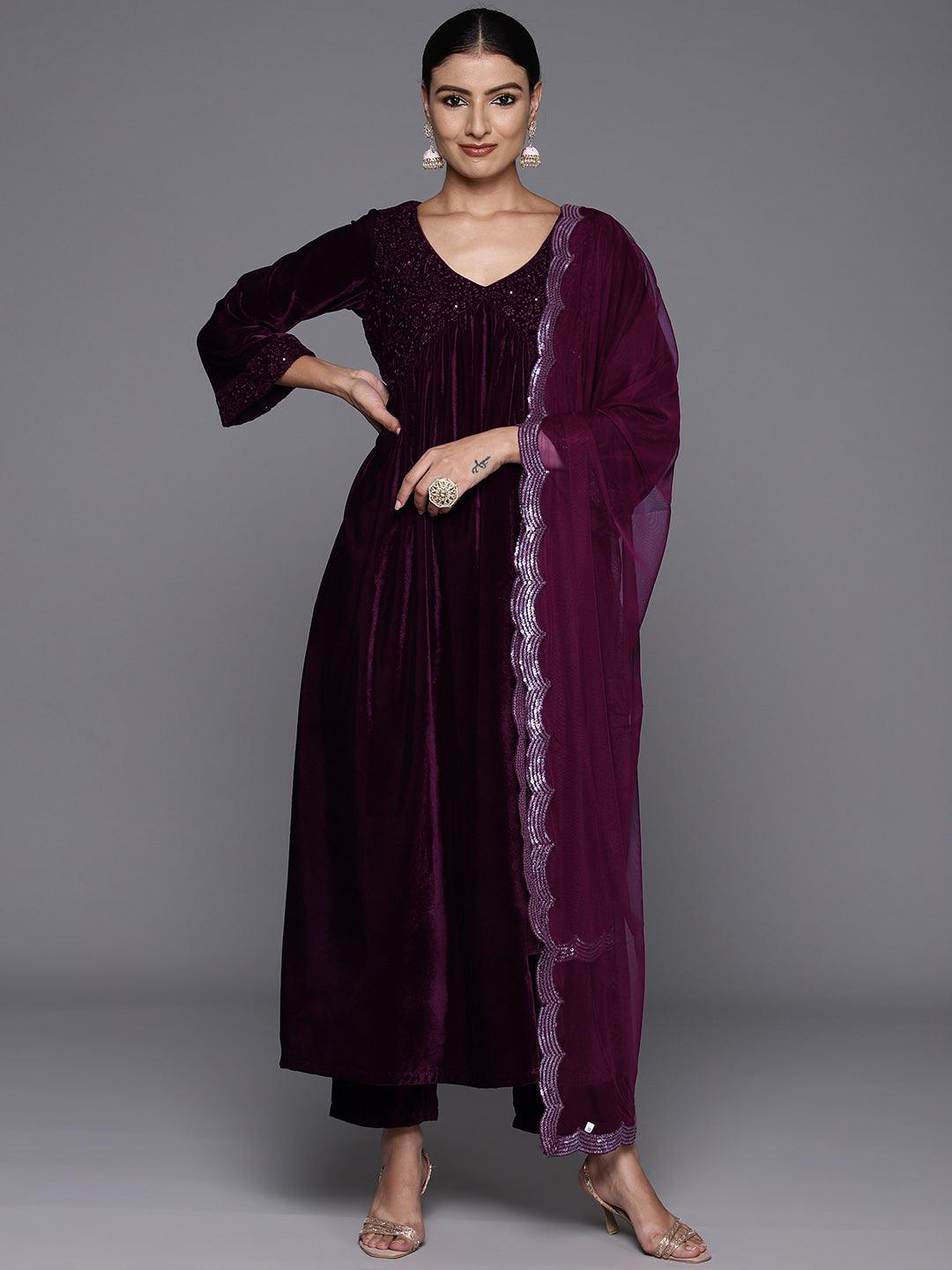 Wine Embroidered Velvet A-Line Kurta With Trousers & Dupatta - ShopLibas 