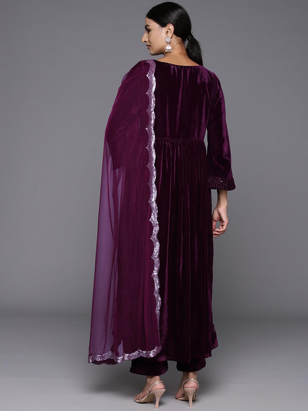 Wine Embroidered Velvet A-Line Kurta With Trousers & Dupatta - ShopLibas 