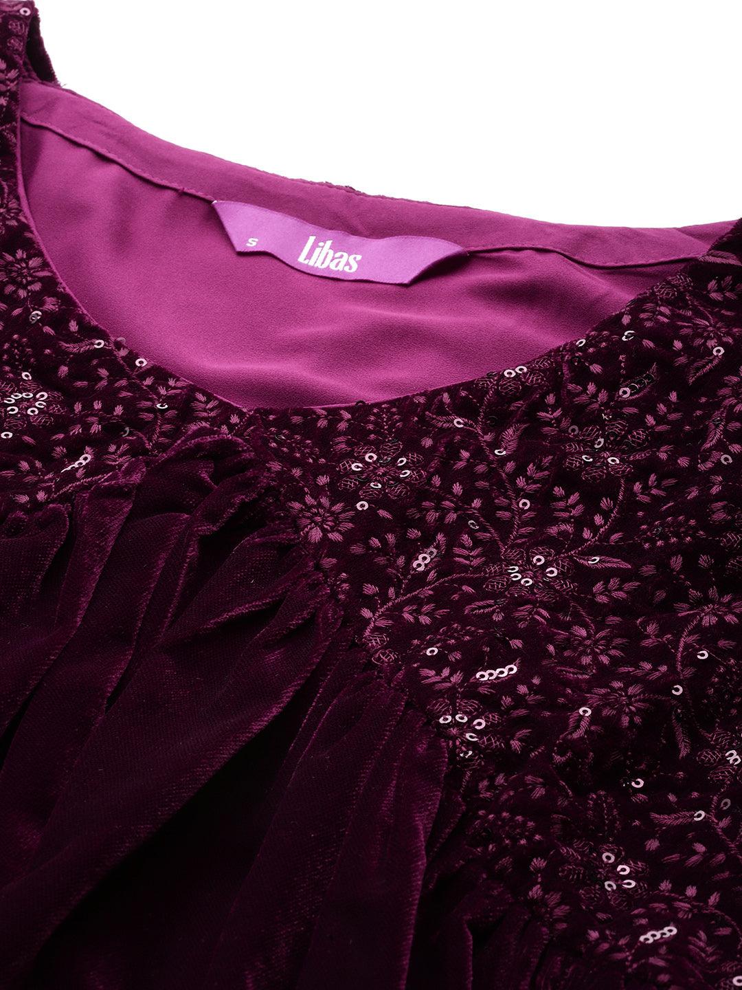 Wine Embroidered Velvet A-Line Kurta With Trousers & Dupatta - ShopLibas 