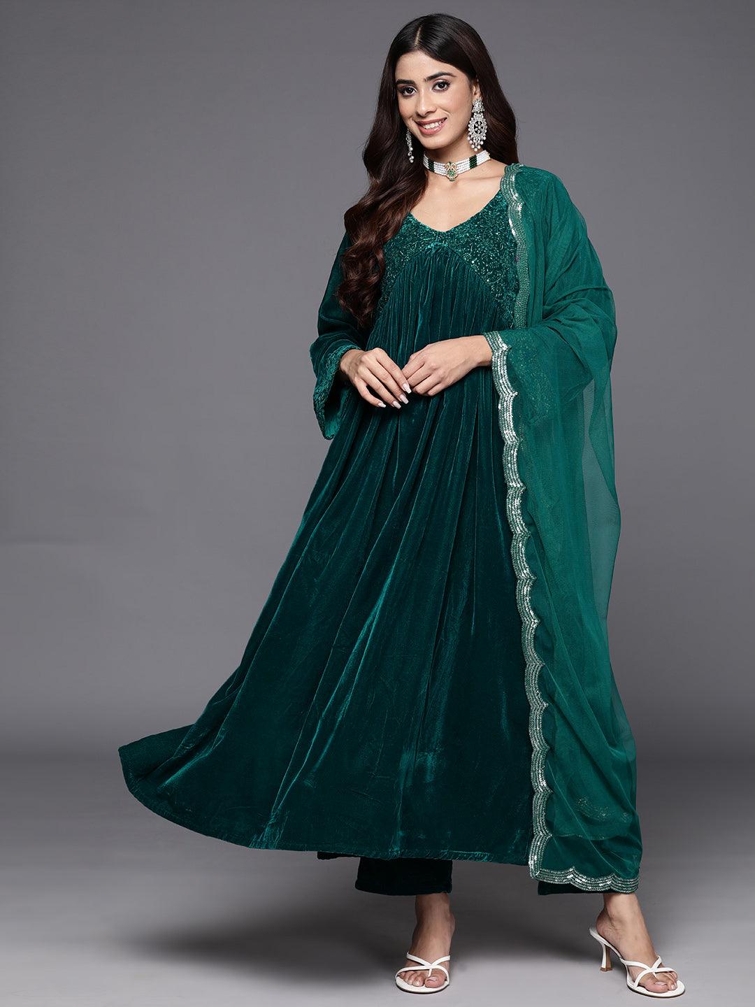 Green Embroidered Velvet A-Line Kurta With Trousers & Dupatta - ShopLibas 
