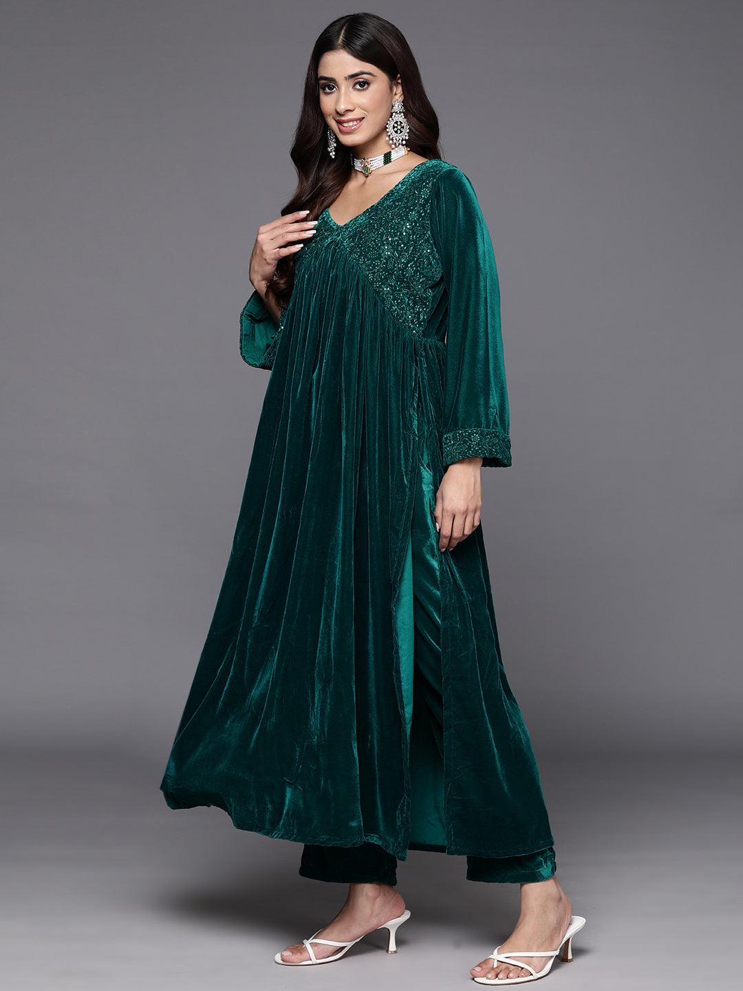 Green Embroidered Velvet A-Line Kurta With Trousers & Dupatta - ShopLibas 